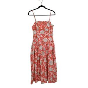 Zara Floral Midi Dress Spaghetti Straps Coral & White Lightweight Linen Blend